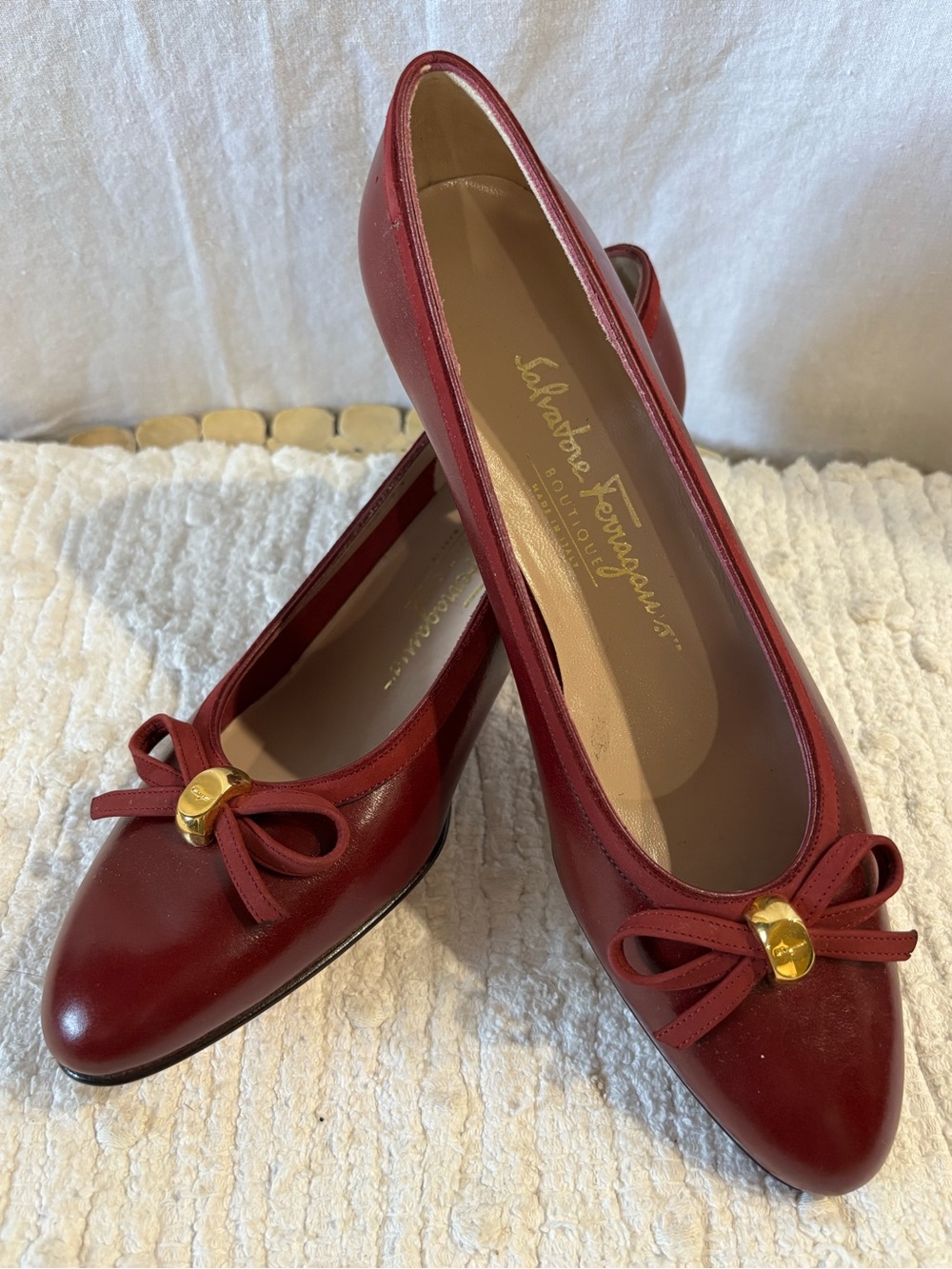 Salvatore Ferragamo Vintage Red Leather Bow Low Heel Pumpd with Gold Accent